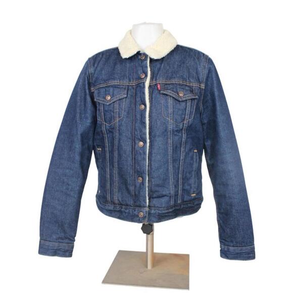 Levi’s Type III Sherpa Lined Trucker Jacket Woman’s Medium Blue Denim Snap Close - Picture 7 of 10